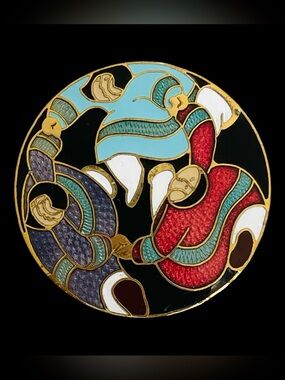 Signed Barbara Lavallee Cloisonne Brooch With Alaskan Inuit Dancers